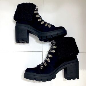 Rampage black micro suede lug sole combat/ hiking boots. Faux fur trim. Size 6.5